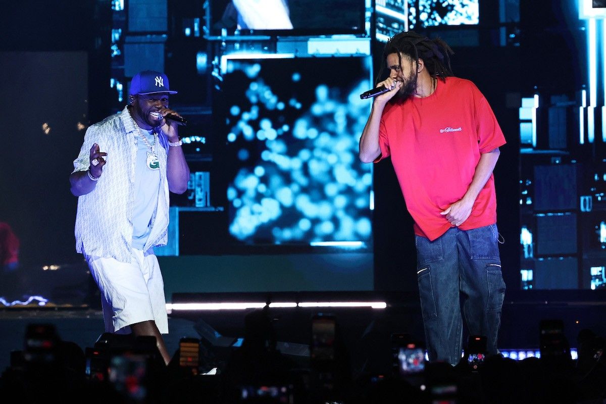50 Cent and J. Cole perform onstage during the 50 Cent: The Final Lap Tour at Barclays Center on August 09, 2023 in New York City.