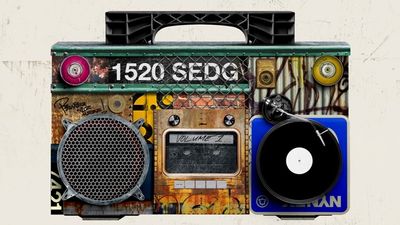 A colorful boombox displays a partial address for the house party where hip hop was born nearly 50 years ago