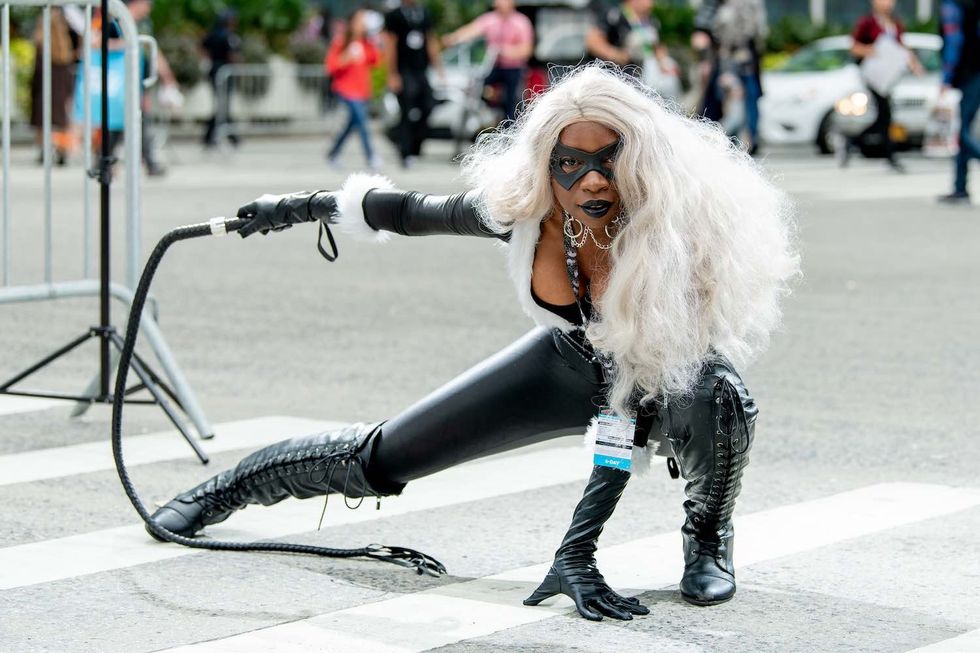 A cosplayer dressed as Black Cat from "Spider-Man" and the Marvel Universe arrives at New York Comic Con on October 05, 2019 in New York City.