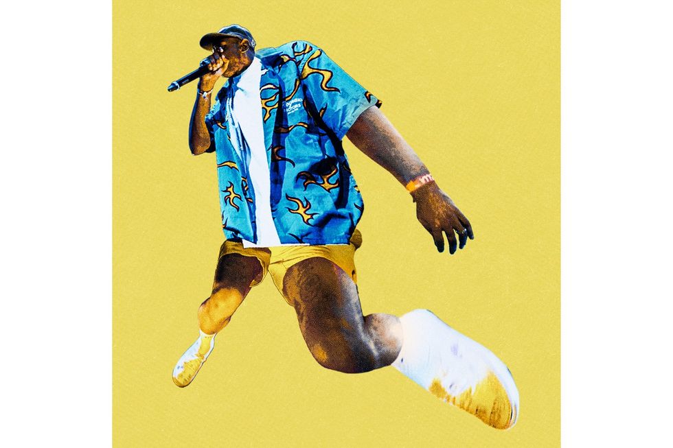 A photo illustration of Tyler the Creator on a yellow background in a blue shirt. 