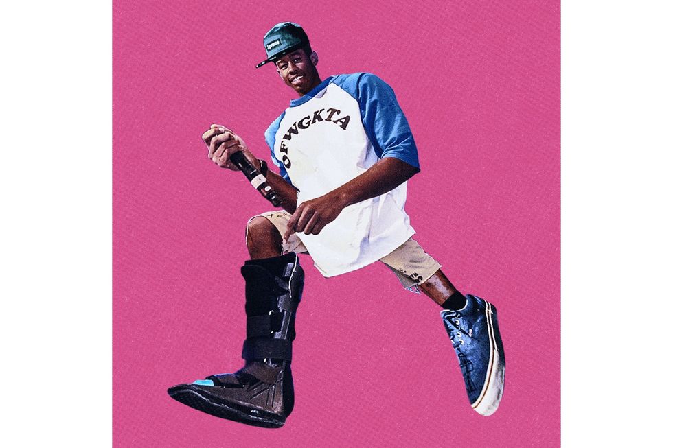 A photo illustration showing Tyler, the Creator in an oversized Odd Future shirt wearing a boot. 