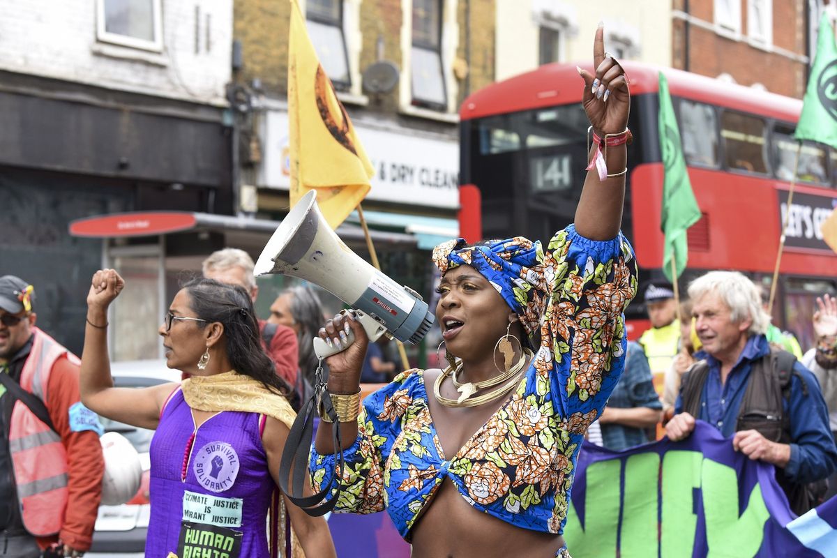 Activist and environmentalist Marvina Newton leads the march at Extinction Rebellion's Carnival for Climate Justice in London