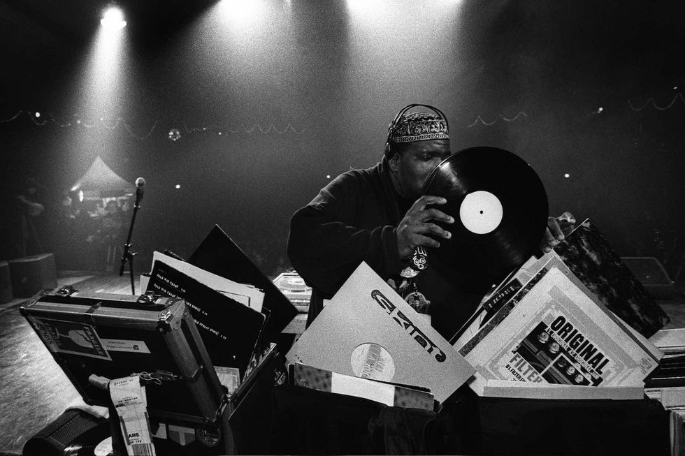 American DJ and producer Afrika Bambaataa performs live on stage at the Drum Rhythm Festival in Amsterdam, Netherlands on 9th May 1997.