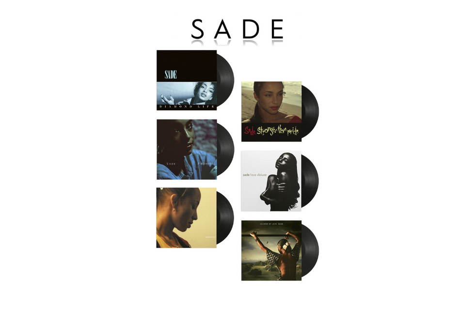 An image of six of Sade's albums on vinyl. 