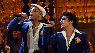 Anderson .Paak and Bruno Mars of Silk Sonic perform onstage at the 2021 iHeartRadio Music Awards at The Dolby Theatre in Los Angeles, California.