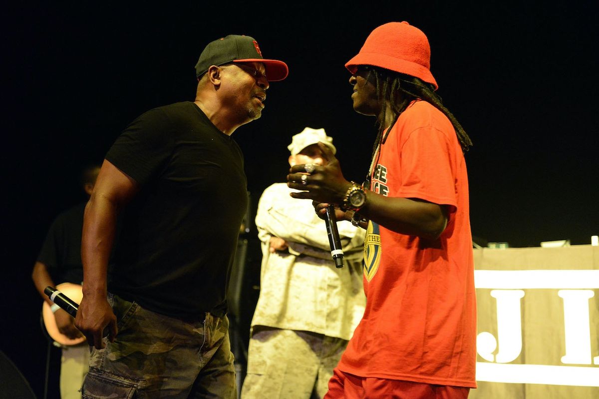 Chuck D and Flavor Flav of Public Enemy perform onstage at the Art of Rap festival at the Hollywood Palladium.
