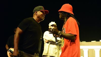 Chuck D and Flavor Flav of Public Enemy perform onstage at the Art of Rap festival at the Hollywood Palladium.