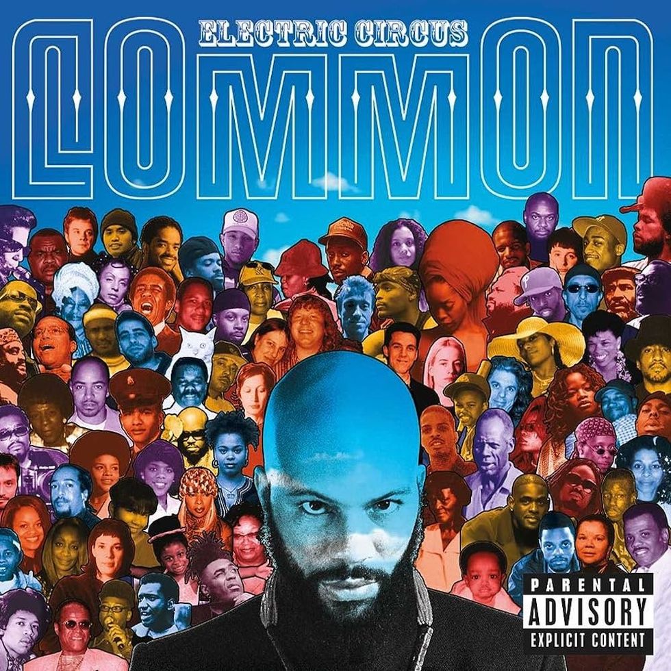 Common with a blue head in front of a bunch of musical artists.
