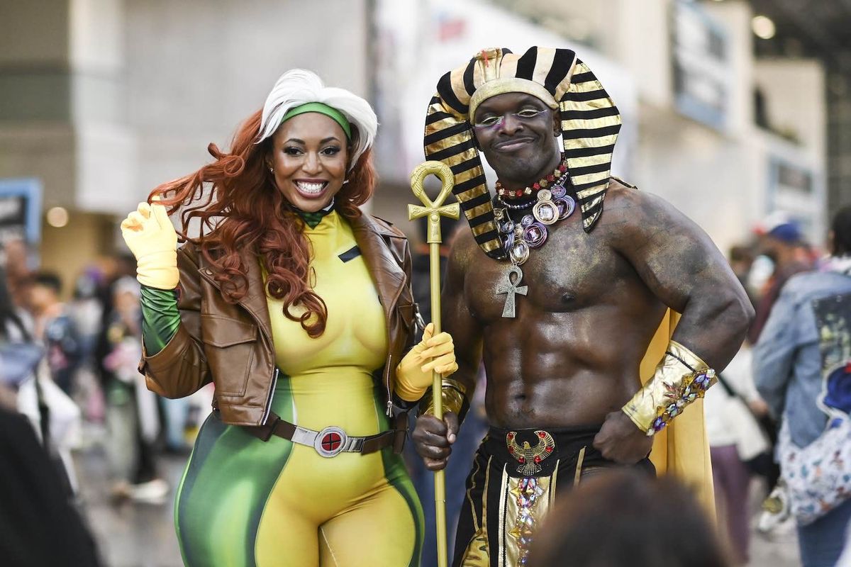 Cosplayers pose as King Tut and Rogue during day 4 of New York Comic Con on October 09, 2022 in New York City. 