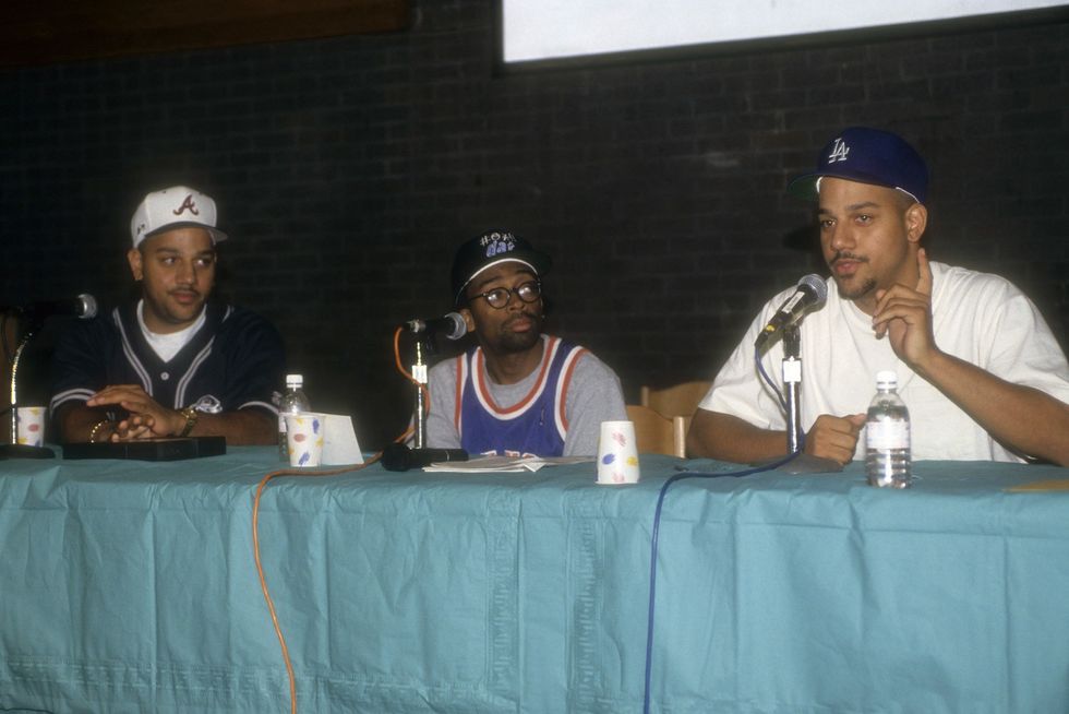Filmmakers Spike Lee and The Hughes Brothers (Albert Hughes, Allen Hughes) appear at a press conference on June 10, 1993 in New York City.