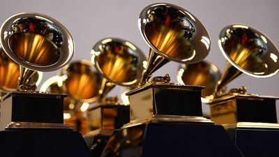 Grammy Award trophies are seen in the press room during the 64th Annual Grammy Awards at the MGM Grand Garden Arena in Las Vegas on April 3, 2022.