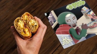 A breakfast burrito with mf doom’s album in the background.