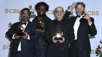 Joseph Patel, Questlove, David Dinerstein and Robert Fyvolent, winners of the Best Music Film "Summer of Soul," pose in the press room during the 64th Annual GRAMMY Awards at MGM Grand Garden Arena on April 03, 2022 in Las Vegas, Nevada.