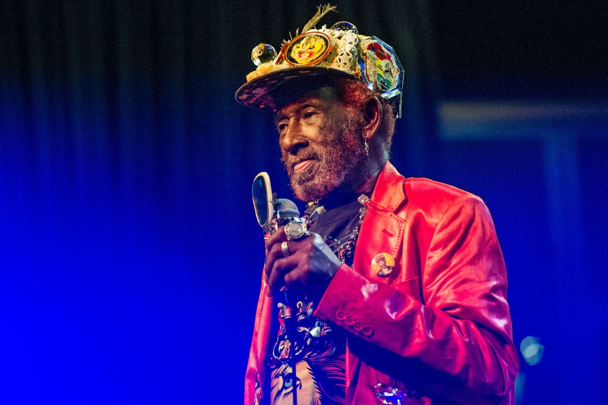 Lee 'Scratch' Perry performs on stage at O2 Academy Leicester on April 9, 2015 in Leicester, United Kingdom.
