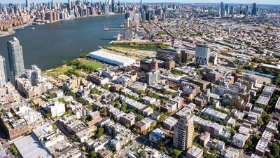An aerial view of the Greenpoint - Williamsburg Waterfront on August 13, 2022 in New York City.