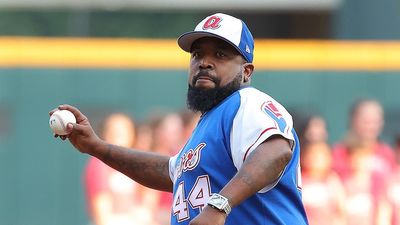 Rapper Big Boi throws out the first pitch prior to the game between the Atlanta Braves and the Philadelphia Phillies at Truist Park on May 25, 2023 in Atlanta, Georgia.