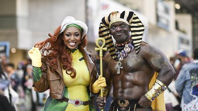 Cosplayers pose as King Tut and Rogue during day 4 of New York Comic Con on October 09, 2022 in New York City. 