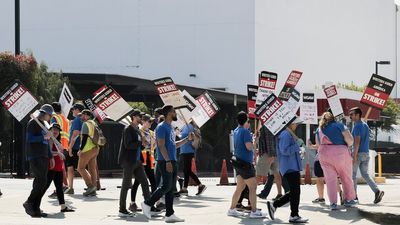 Members of WGA picket in front of CBS Television City on Sunday, Sept. 24, 2023 in Hollywood, CA