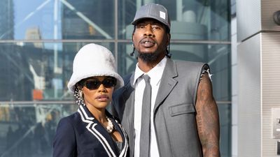 Teyana Taylor and Iman Shumpert are seen arriving to Thom Browne Fall 2022 runway show at Javits Center on April 29, 2022 in New York City.
