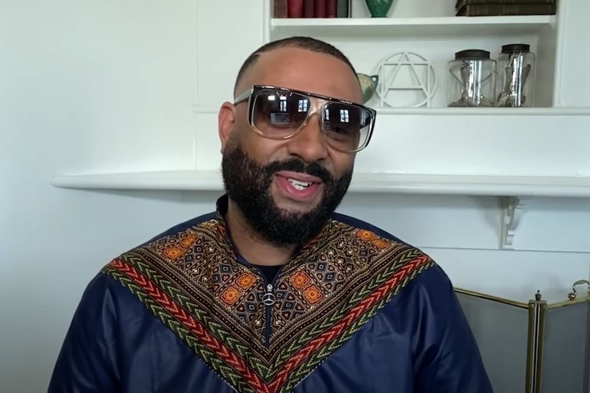 Madlib sitting in his home for an interview with Talib Kweli on an upcoming episode of 'The People's Party' podcast.
