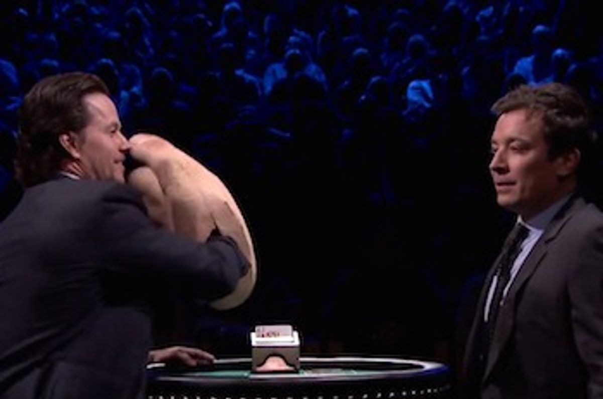 Mark Wahlberg & Host Jimmy Fallon Get Into A Friendly Game Of Slapjack - Slap Boxing Combined With Blackjack - On The Tonight Show.