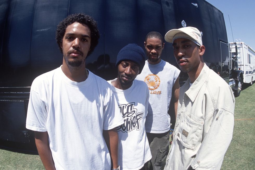 Members of Souls of Mischief pose during Coachella 2001 at the Empire Polo Fields on April 28, 2001 in Indio, California.
