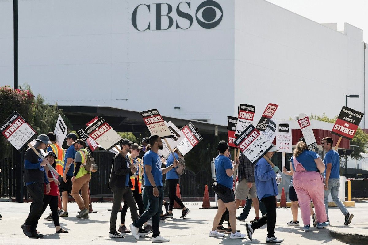 Members of WGA picket in front of CBS Television City on Sunday, Sept. 24, 2023 in Hollywood, CA