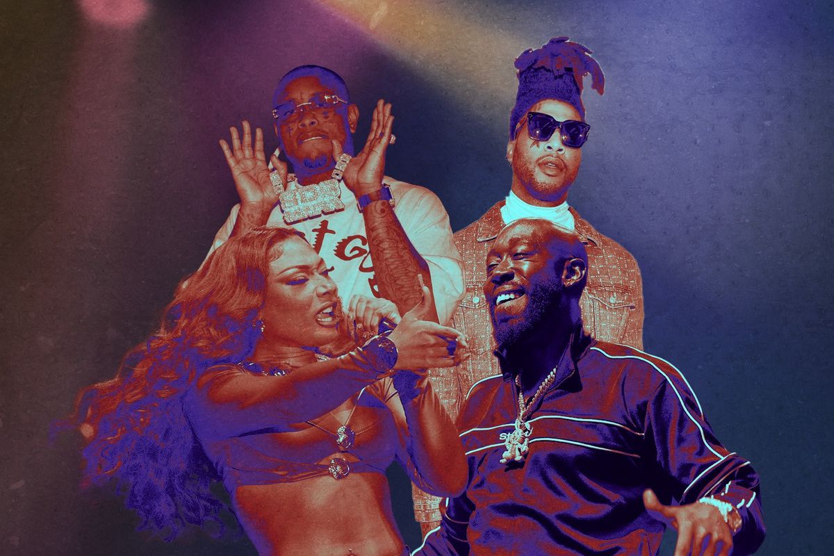 ​Photo credits: Megan Thee Stallion photo by Prince Williams/WireImage, Southside photo by MARCO BELLO/AFP via Getty Images, Freddie Gibbs photo by Matt Jelonek/WireImage, TM88 photo by Paras Griffin/Getty Images for Sprite. Photo illustration by Srikar Poruri for Okayplayer. 