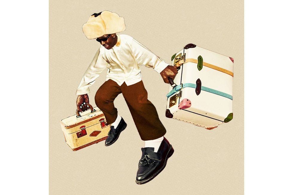 Photo illustration of Tyler the Creator with lugae and the classic Call Me if You Get Lost winter hat. 