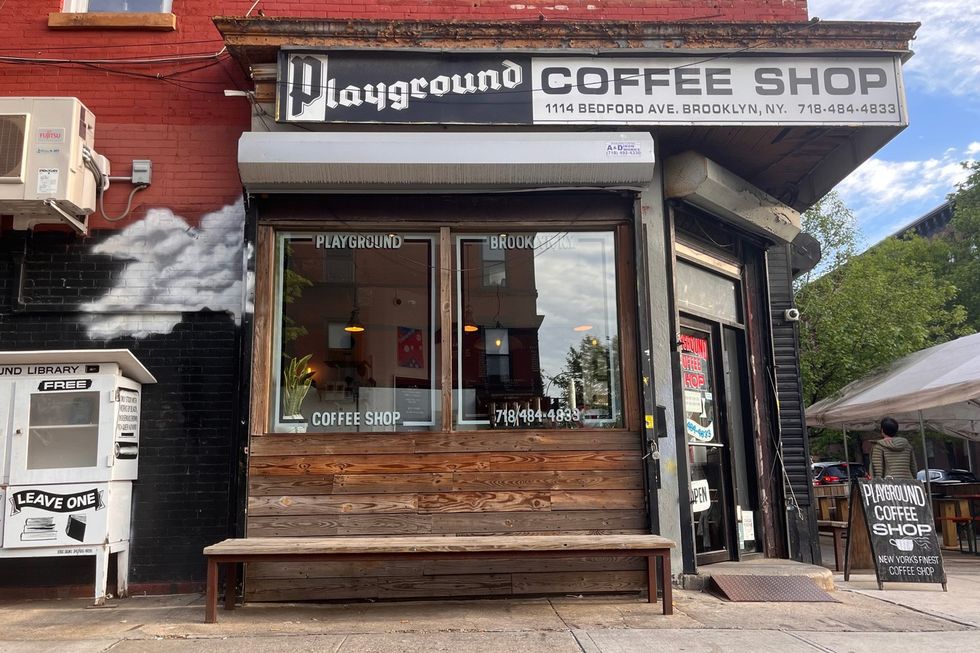 Playground Coffee, outside on the sidewalk in Brooklyn. 