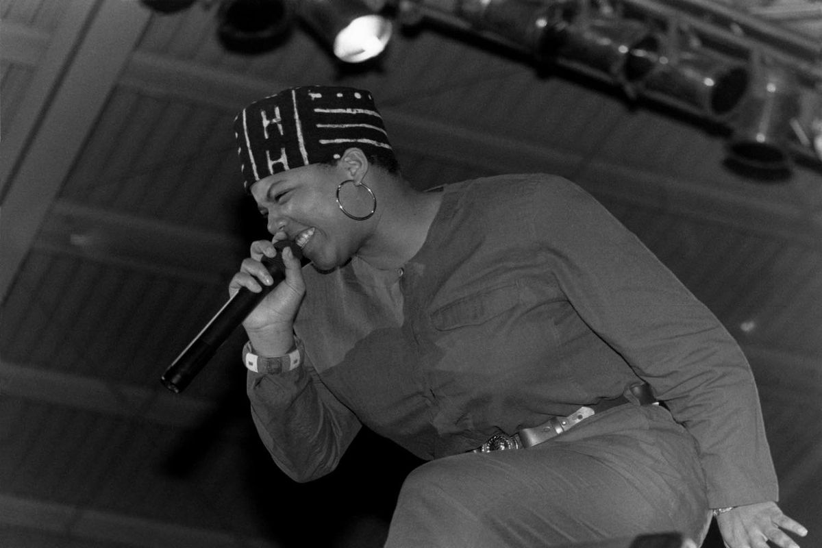 Rapper Queen Latifah performs at the U.I.C. Pavilion in Chicago, Illinois in February 1990. 
