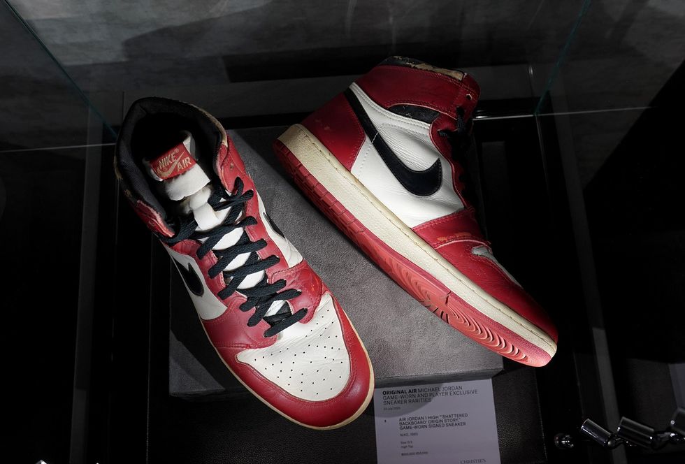 The Air Jordan 1 High Shattered Backboard Origin Story, Game-Worn Signed Sneaker Nike, 1985 Size 13.5 High-Top on display during a press preview July 24, 2020 at Christie's New York.