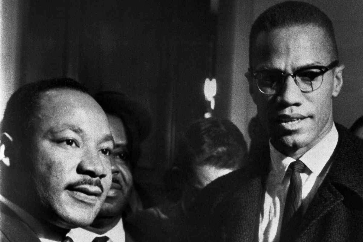 The brief, and only, meeting between Malcolm X (1925-1965) and Martin Luther King (1929-1968), in the halls of the US Capitol, attending a Senate hearing on the Civil Rights Act, Washington DC, 26th March 1964.