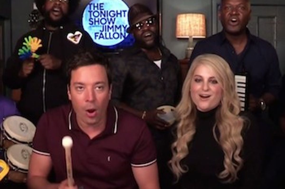 The Roots & Jimmy Fallon Grab Their Classroom Instruments & Join Meghan Trainor For A Performance Of Her Hit Single "All About That Bass" Live On The Tonight Show.