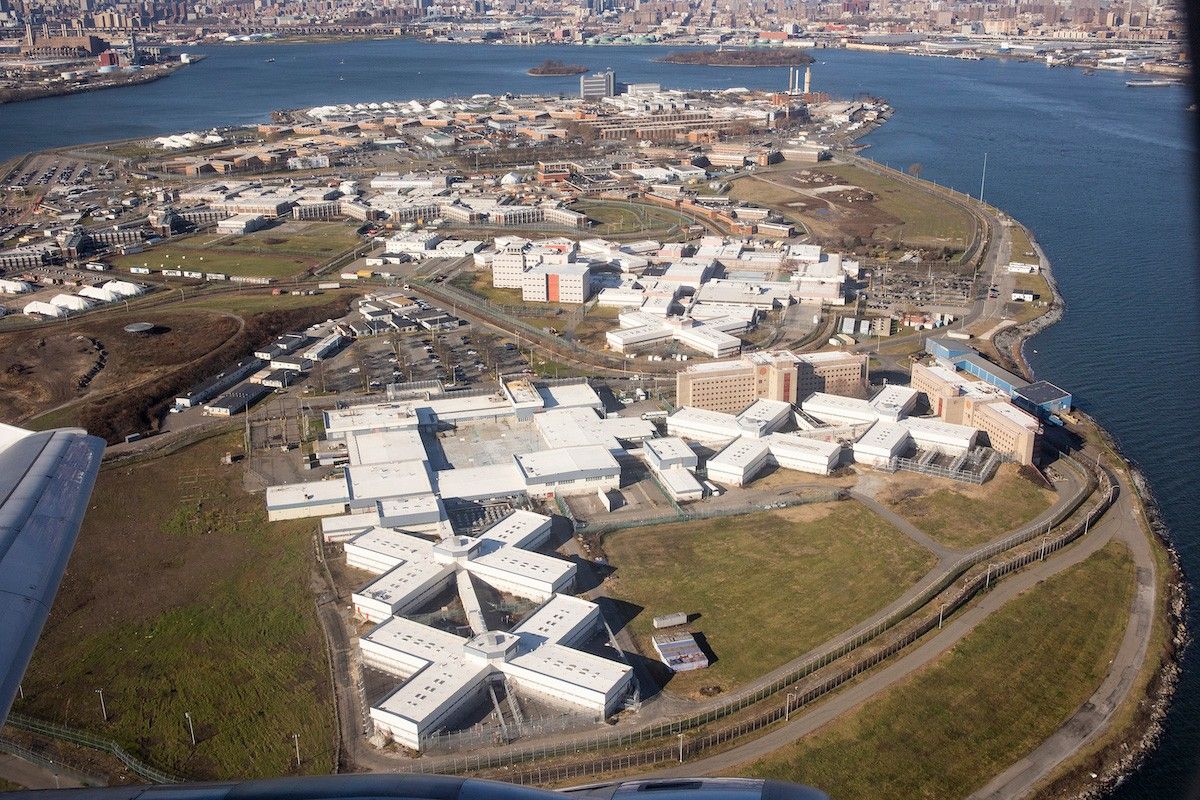Views of the New York City jails on Rikers Island, as seen from a departing flight from Laguardia Airport on December 10, 2022 in Queens, New York.