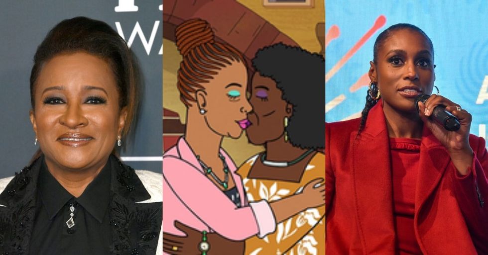 two black cartoon women kissing two black actresses 