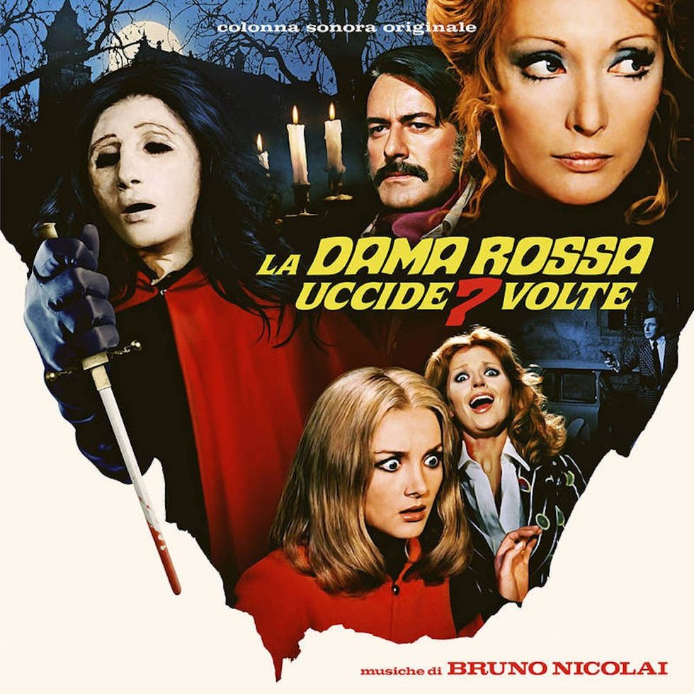 Cover for Bruno Nicolai's soundtrack to the 1972 Italian film, La Dama Rossa Uccide Sette Volte.